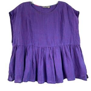 Anthropologie Holding Horses Purple Babydoll Cropped Blouse 100% Linen Sz XS